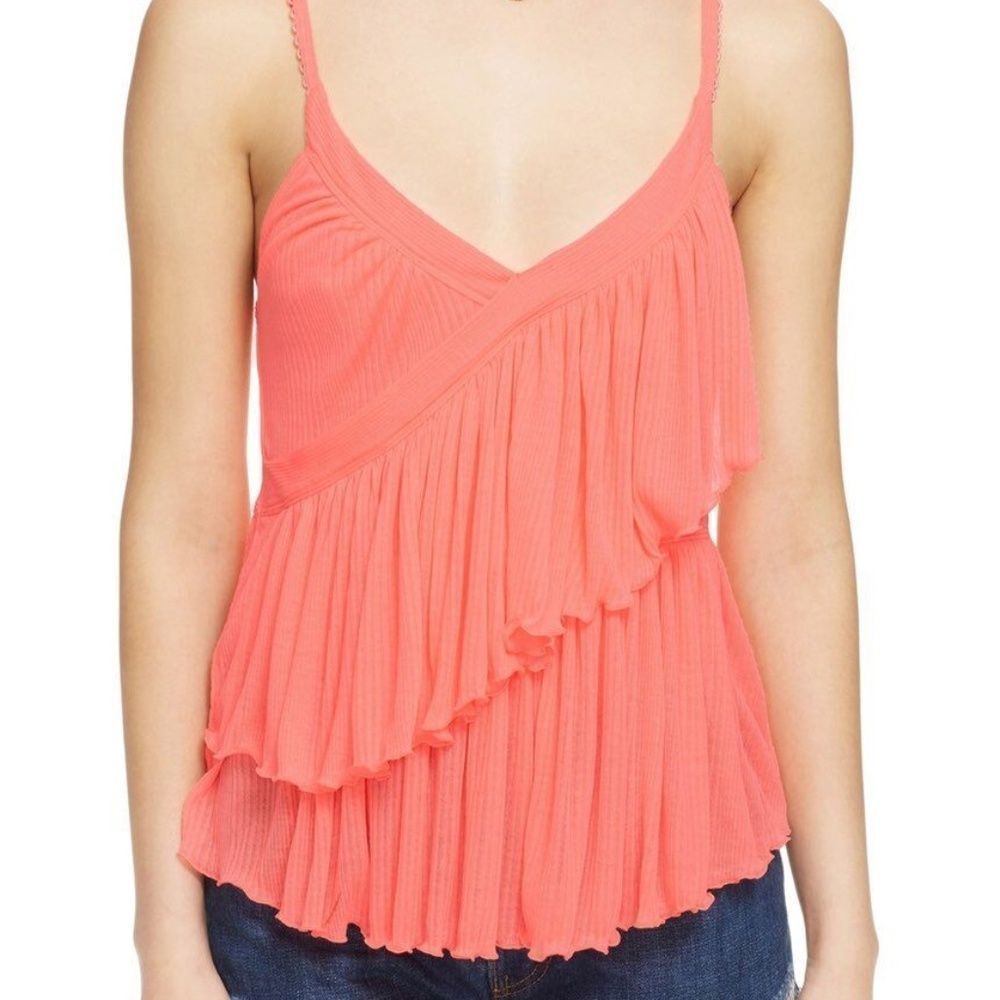 Free People OB499890 Neon Coral Melbourne Stretch Knit Tank Top Size Large